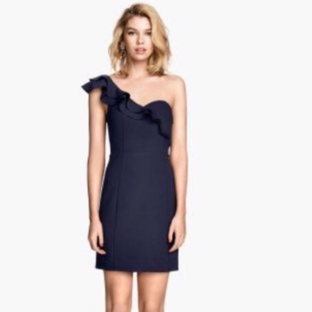 H&M Navy One Shoulder Ruffle Bodycon Mini Dress